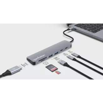 MANHATTAN Dokovacia stanica USB-C 7v1, 1xHDMI, 2xUSB-C, 2xUSB, čítačka SD kariet, sivá MANHATTAN Dokovacia stanica USB-C 7v1, 1xHDMI, 2xUSB-C, 2xUSB, čítačka SD kariet, sivá