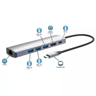MANHATTAN Dokovacia stanica USB-C 6v1, 1xHDMI, 1xUSB-C, 3xUSB, 1xRJ45, sivá