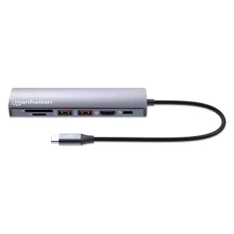 MANHATTAN Dokovacia stanica USB-C 7v1, 1xHDMI, 1xUSB-C, 2xUSB, 1xRJ45, čítačka SD kariet, sivá