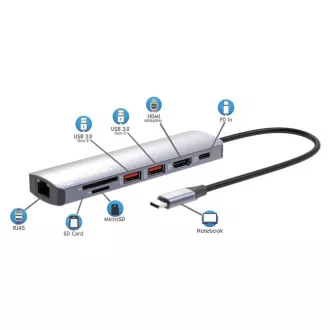 MANHATTAN Dokovacia stanica USB-C 7v1, 1xHDMI, 1xUSB-C, 2xUSB, 1xRJ45, čítačka SD kariet, sivá
