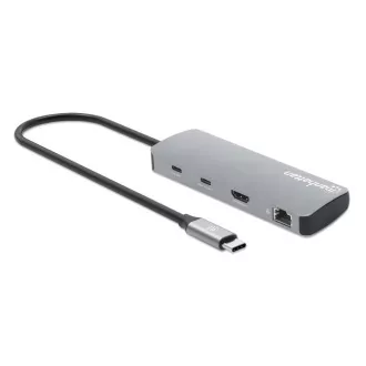 MANHATTAN Dokovacia stanica USB-C 9v1, 1xHDMI, 2xUSB-C, 3xUSB, 1xRJ45, čítačka SD kariet, sivá