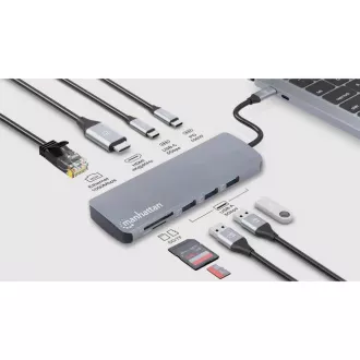 MANHATTAN Dokovacia stanica USB-C 9v1, 1xHDMI, 2xUSB-C, 3xUSB, 1xRJ45, čítačka SD kariet, sivá