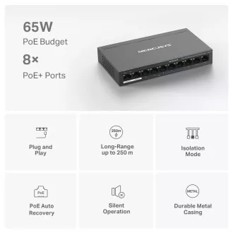 MERCUSYS switch MS110P (10x100Mb/s, 8xPoE+, 65W, fanless)