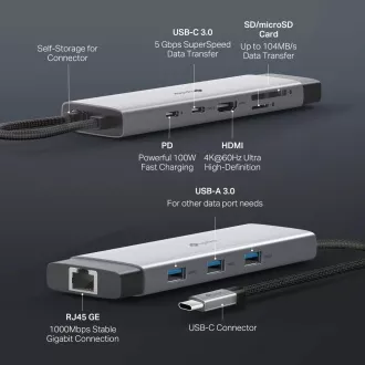 TP-Link UH9120C USB-C hub 9v1 (3xUSB3.2Gen1, 1xUSB-C3.2Gen1, 1xGbE, 1xHDMI, 1xSD, 1xmicroSD, PD 100W)