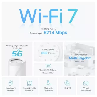 TP-Link Deco BE65-5G (1-pack) WiFi7 Mesh (BE9300, 2, 4GHz/5GHz/6GHz, 3x2, 5GbELAN/WAN, 1xUSB3.0, 4G LTE, 5G, 1xnanoSIM)