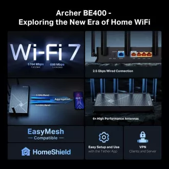 TP-Link Archer BE400 EasyMesh WiFi7 router (BE6500, 2, 4GHz/5GHz, 1x2, 5GbEWAN, 1x2, 5GbELAN, 3xGbELAN, 1xUSB3.0) TP-Link Archer BE400 EasyMesh WiFi7 router (BE6500, 2, 4GHz/5GHz, 1x2, 5GbEWAN, 1x2, 5GbELAN, 3xGbELAN, 1xUSB3.0)