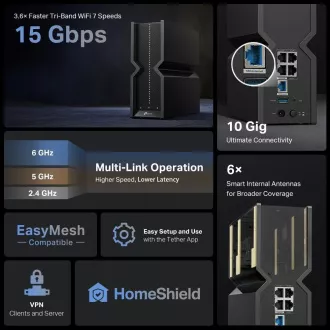 TP-Link Archer BE700 EasyMesh WiFi7 router (BE15000, 2, 4GHz/5GHz/6GHz, 1x10GbEWAN, 1x2, 5GbELAN, 3xGbELAN, 1xUSB3.0)