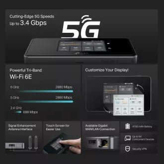 TP-Link M8550 prenosný WiFi6E router (AXE3600, 5G/4G LTE, 2, 4GHz/5GHz/6GHz, 1xGbE, 1xUSB-C, 1xnanoSIM, 1xmicroSD)