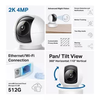 TP-Link Tapo C222 domáca-indoor kamera, (4MP, 2K QHD 1440p, IR 12m, WiFi, 1x100Mb/s, micro SD card)