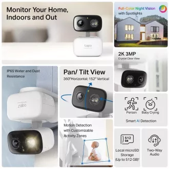 TP-Link Tapo C216 vonkajšia/outdoor kamera (3MP, 2K 1296p, IR 12m, WiFi, micro SD card)