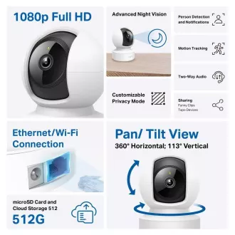 TP-Link Tapo C202 domáca/indoor kamera, (2MP, Full HD 1080p, IR 12m, WiFi, 1x100Mb/s, microSD)