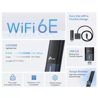 TP-Link Archer TXE50UH WiFi6E USB adaptér (AXE3000, 2, 4GHz/5GHz/6GHz)