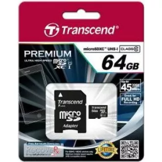 TRANSCEND MicroSDXC karta 64GB Premium, Class 10 UHS-I 400x (R: 85/W: 35 MB/s) + adaptér