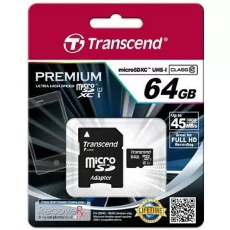 TRANSCEND MicroSDXC karta 64GB Premium, Class 10 UHS-I 400x (R: 85/W: 35 MB/s) + adaptér