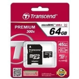 TRANSCEND MicroSDXC karta 64GB Premium, Class 10 UHS-I 400x (R: 85/W: 35 MB/s) + adaptér