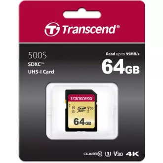 TRANSCEND SDXC karta 64GB 500S, UHS-I U3 V30 (R:95/W:60 MB/s)