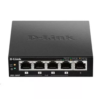 D-Link DGS-1005P 5-port Gigabit Desktop PoE+ Switch, 4 porty sú PoE+, PoE budget 60W