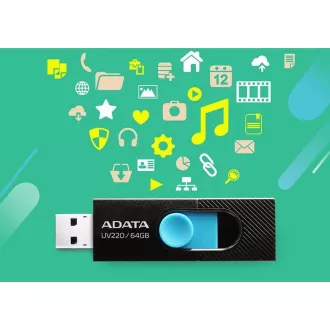 ADATA Flash Disk 64GB UV220, USB 2.0 Dash Drive, čierna / modrá