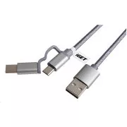 iGET G2V1 USB kábel 2v1, 1m, strieborný, microUSB aj USB-C, predĺžené koncovky