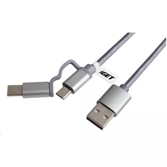 iGET G2V1 USB kábel 2v1, 1m, strieborný, microUSB aj USB-C, predĺžené koncovky