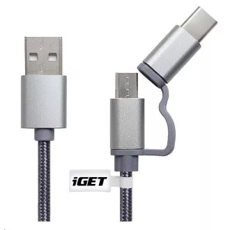 iGET G2V1 USB kábel 2v1, 1m, strieborný, microUSB aj USB-C, predĺžené koncovky
