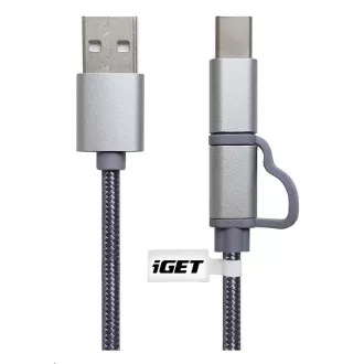 iGET G2V1 USB kábel 2v1, 1m, strieborný, microUSB aj USB-C, predĺžené koncovky