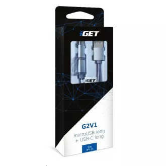 iGET G2V1 USB kábel 2v1, 1m, strieborný, microUSB aj USB-C, predĺžené koncovky