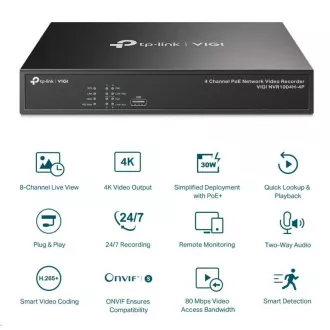 TP-Link VIGI NVR1004H-4P, videorekordér, 4 kanály, 4xPoE, 1xSATA, 1x100Mbps LAN, 2xUSB2.0, 1xHDMI, 1xVGA