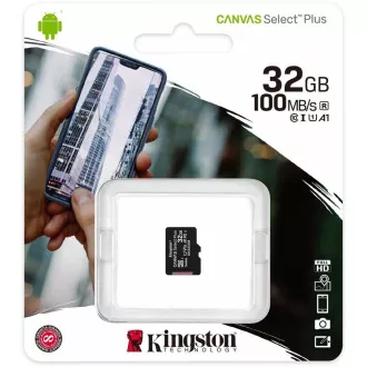 Kingston 32GB micSDHC Canvas Select Plus 100R A1 C10 Card + SD adaptér