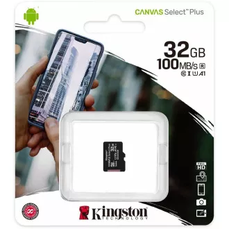 Kingston 32GB micSDHC Canvas Select Plus 100R A1 C10 Card + SD adaptér Kingston 32GB micSDHC Canvas Select Plus 100R A1 C10 Card + SD adaptér