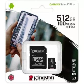 Kingston 512GB micSDXC Canvas Select Plus 100R A1 C10 Card + SD adaptér Kingston 512GB micSDXC Canvas Select Plus 100R A1 C10 Card + SD adaptér