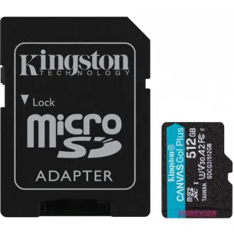 Kingston MicroSDXC karta 512GB Canvas Go! Plus, R: 170/W: 90MB/s, Class 10, UHS-I, U3, V30, A2 + Adaptér - Použité Kingston MicroSDXC karta 512GB Canvas Go! Plus, R: 170/W: 90MB/s, Class 10, UHS-I, U3, V30, A2 + Adaptér - Použité