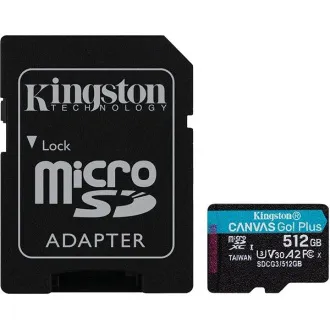 Kingston MicroSDXC karta 512GB Canvas Go! Plus, R: 170/W: 90MB/s, Class 10, UHS-I, U3, V30, A2 + Adaptér - Použité Kingston MicroSDXC karta 512GB Canvas Go! Plus, R: 170/W: 90MB/s, Class 10, UHS-I, U3, V30, A2 + Adaptér - Použité