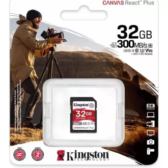 Kingston 32 GB Canvas React Plus SDHC UHS-II 300 R/260 W U3 V90 pre Full HD/4K/8K
