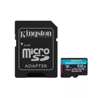 Kingston MicroSDXC karta 512GB Canvas Go! Plus, R: 200/W: 160MB/s, Class 10, UHS-I, U3, V30, A2 + Adaptér Kingston MicroSDXC karta 512GB Canvas Go! Plus, R: 200/W: 160MB/s, Class 10, UHS-I, U3, V30, A2 + Adaptér