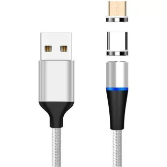 PremiumCord Magnetický micro USB a USB-C nabíjací a dátový kábel, 1m, strieborná