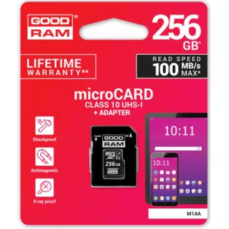 GOODRAM microSDXC karta 256GB M1AA (R: 100/W: 10 MB/s), UHS-I Class 10, U1 + Adapter