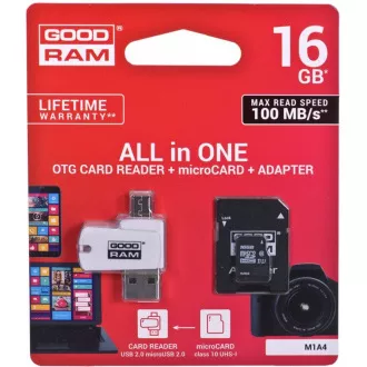 GOODRAM microSDHC karta 16GB M1A4 All-in-one (R:100/W:10 MB/s), UHS-I Class 10, U1 + Adapter + OTG card reader/čítačka GOODRAM microSDHC karta 16GB M1A4 All-in-one (R:100/W:10 MB/s), UHS-I Class 10, U1 + Adapter + OTG card reader/čítačka