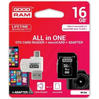 GOODRAM microSDHC karta 16GB M1A4 All-in-one (R:100/W:10 MB/s), UHS-I Class 10, U1 + Adapter + OTG card reader/čítačka GOODRAM microSDHC karta 16GB M1A4 All-in-one (R:100/W:10 MB/s), UHS-I Class 10, U1 + Adapter + OTG card reader/čítačka