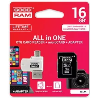 GOODRAM microSDHC karta 16GB M1A4 All-in-one (R:100/W:10 MB/s), UHS-I Class 10, U1 + Adapter + OTG card reader/čítačka GOODRAM microSDHC karta 16GB M1A4 All-in-one (R:100/W:10 MB/s), UHS-I Class 10, U1 + Adapter + OTG card reader/čítačka