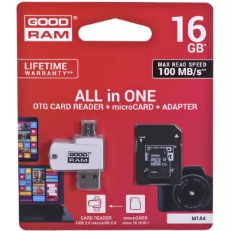GOODRAM microSDHC karta 16GB M1A4 All-in-one (R:100/W:10 MB/s), UHS-I Class 10, U1 + Adapter + OTG card reader/čítačka GOODRAM microSDHC karta 16GB M1A4 All-in-one (R:100/W:10 MB/s), UHS-I Class 10, U1 + Adapter + OTG card reader/čítačka