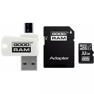 GOODRAM microSDHC karta 32GB M1A4 All-in-one (R:100/W:10 MB/s), UHS-I Class 10, U1 + Adapter + OTG card reader/čítačka GOODRAM microSDHC karta 32GB M1A4 All-in-one (R:100/W:10 MB/s), UHS-I Class 10, U1 + Adapter + OTG card reader/čítačka