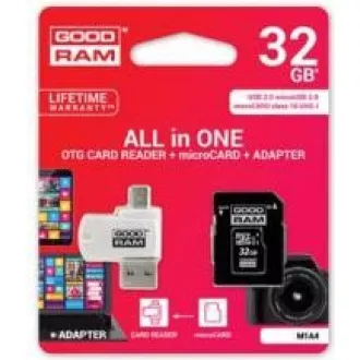 GOODRAM microSDHC karta 32GB M1A4 All-in-one (R:100/W:10 MB/s), UHS-I Class 10, U1 + Adapter + OTG card reader/čítačka GOODRAM microSDHC karta 32GB M1A4 All-in-one (R:100/W:10 MB/s), UHS-I Class 10, U1 + Adapter + OTG card reader/čítačka