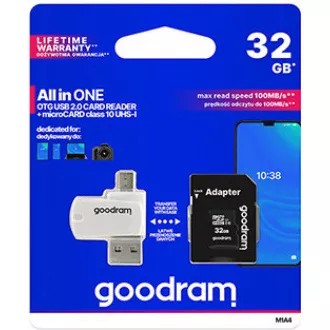 GOODRAM microSDHC karta 32GB M1A4 All-in-one (R:100/W:10 MB/s), UHS-I Class 10, U1 + Adapter + OTG card reader/čítačka GOODRAM microSDHC karta 32GB M1A4 All-in-one (R:100/W:10 MB/s), UHS-I Class 10, U1 + Adapter + OTG card reader/čítačka