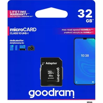 GOODRAM microSDHC karta 32GB M1A4 All-in-one (R:100/W:10 MB/s), UHS-I Class 10, U1 + Adapter + OTG card reader/čítačka GOODRAM microSDHC karta 32GB M1A4 All-in-one (R:100/W:10 MB/s), UHS-I Class 10, U1 + Adapter + OTG card reader/čítačka