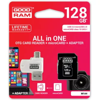 GOODRAM microSDXC karta 128GB M1A4 All-in-one (R:100/W:10 MB/s), UHS-I Class 10, U1 + Adapter + OTG card reader/čítačka GOODRAM microSDXC karta 128GB M1A4 All-in-one (R:100/W:10 MB/s), UHS-I Class 10, U1 + Adapter + OTG card reader/čítačka
