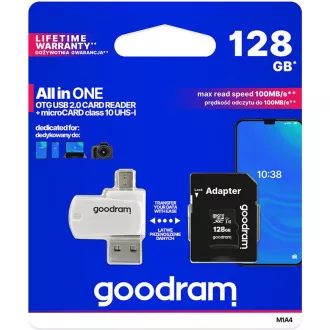 GOODRAM microSDXC karta 128GB M1A4 All-in-one (R:100/W:10 MB/s), UHS-I Class 10, U1 + Adapter + OTG card reader/čítačka GOODRAM microSDXC karta 128GB M1A4 All-in-one (R:100/W:10 MB/s), UHS-I Class 10, U1 + Adapter + OTG card reader/čítačka