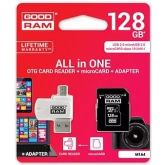 GOODRAM microSDXC karta 128GB M1A4 All-in-one (R:100/W:10 MB/s), UHS-I Class 10, U1 + Adapter + OTG card reader/čítačka GOODRAM microSDXC karta 128GB M1A4 All-in-one (R:100/W:10 MB/s), UHS-I Class 10, U1 + Adapter + OTG card reader/čítačka