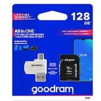 GOODRAM microSDXC karta 128GB M1A4 All-in-one (R:100/W:10 MB/s), UHS-I Class 10, U1 + Adapter + OTG card reader/čítačka GOODRAM microSDXC karta 128GB M1A4 All-in-one (R:100/W:10 MB/s), UHS-I Class 10, U1 + Adapter + OTG card reader/čítačka