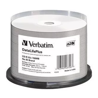 VERBATIM CD-R(50-pack) spindl, AZO 52X, 700MB, WHITE WIDE THERMAL PRINTABLE SURFACE NON-ID